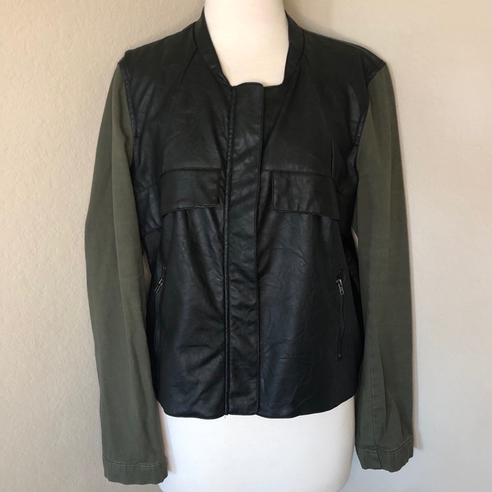 Black Faux Leather Bomber Jacket w/ Green Sleeves